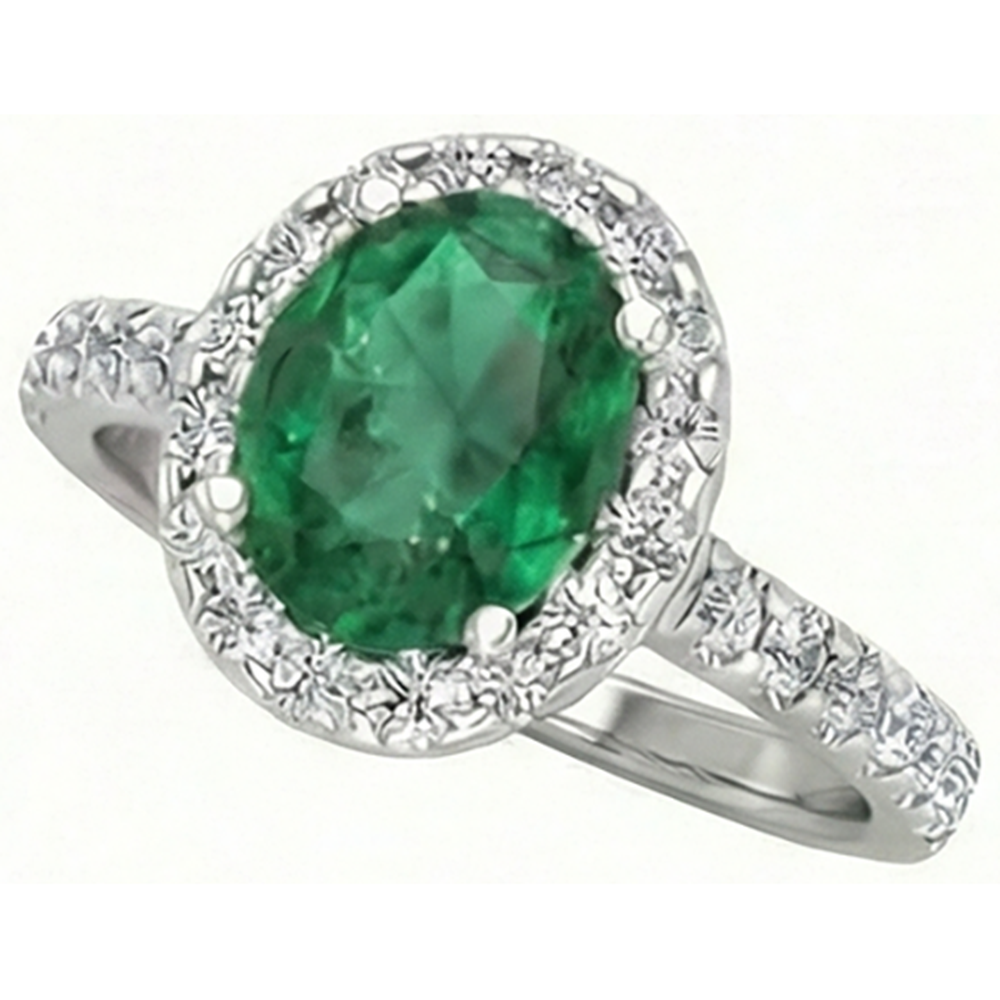4.30 Ct Oval Green Emerald GIA And Natural Earth Mined Diamond Engagement Ring