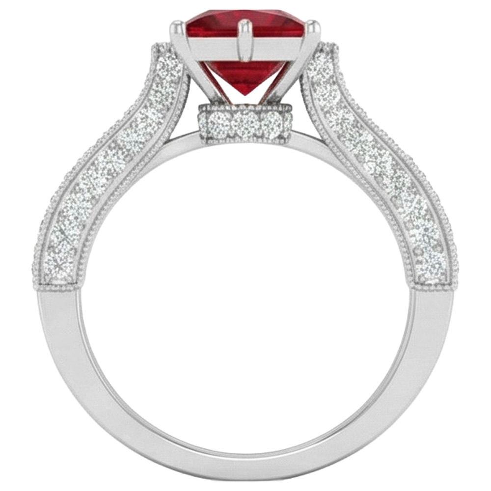 4.35 Carats Princess Cut Ruby With Round Natural Earth Mined Diamonds Ring White Gold