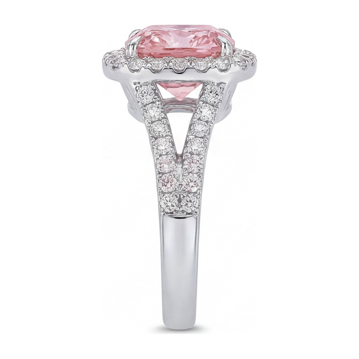 4.5 Carat Cushion Pink Lab Grown Diamond and White Diamond Halo Ring 14K White Gold