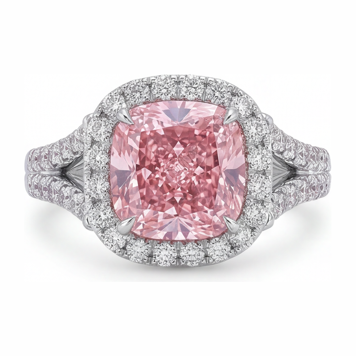 4.5 Carat Cushion Pink Lab Grown Diamond and White Diamond Halo Ring 14K White Gold