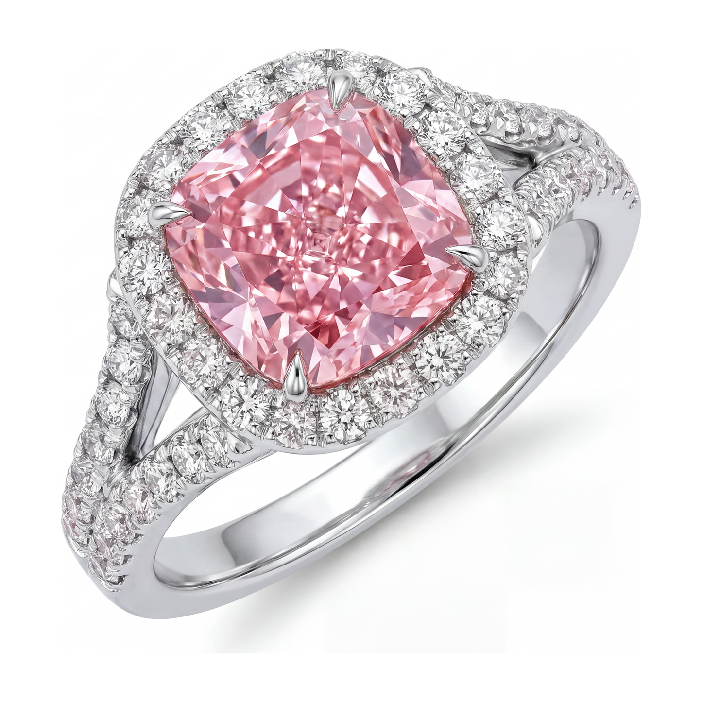 4.5 Carat Cushion Pink Lab Grown Diamond and White Diamond Halo Ring 14K White Gold