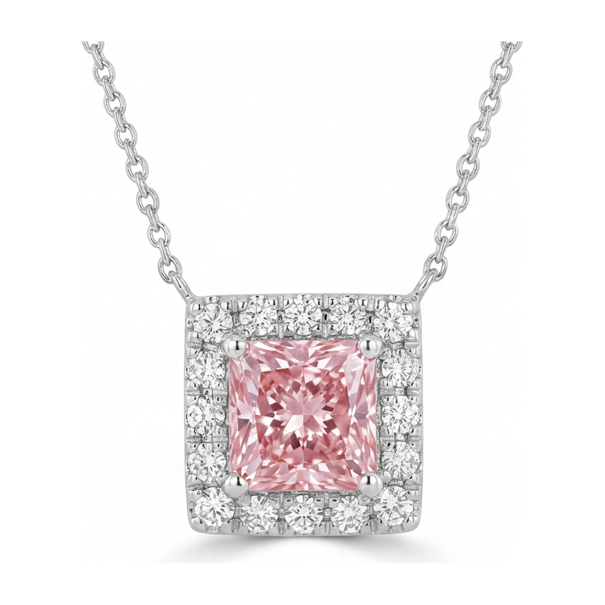 4.5 Carat Radiant Pink Lab Grown Diamond and White Diamond Halo Pendant 14K White Gold