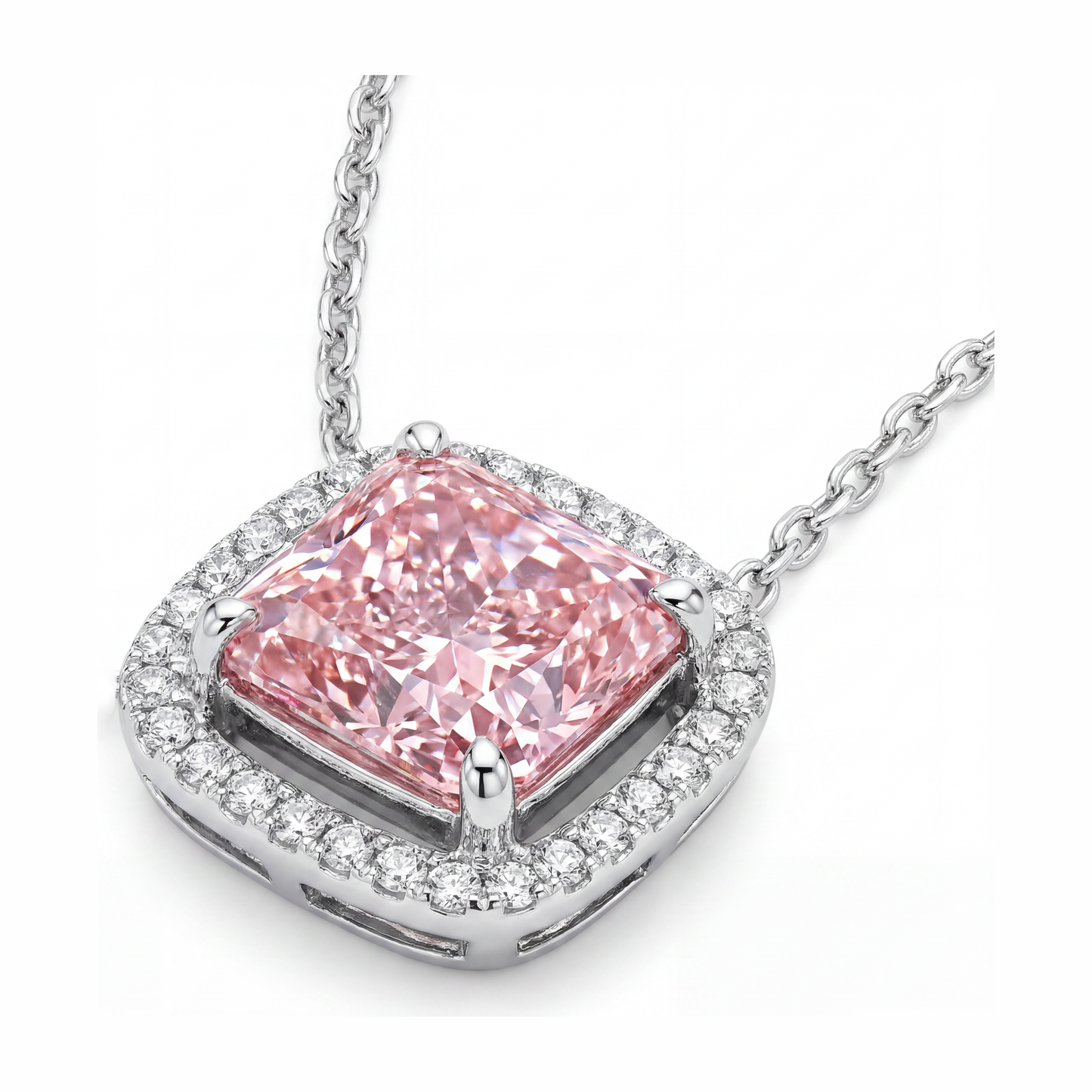 4.5 Carat Radiant Pink Lab Grown Diamond and White Diamond Halo Pendant 14K White Gold