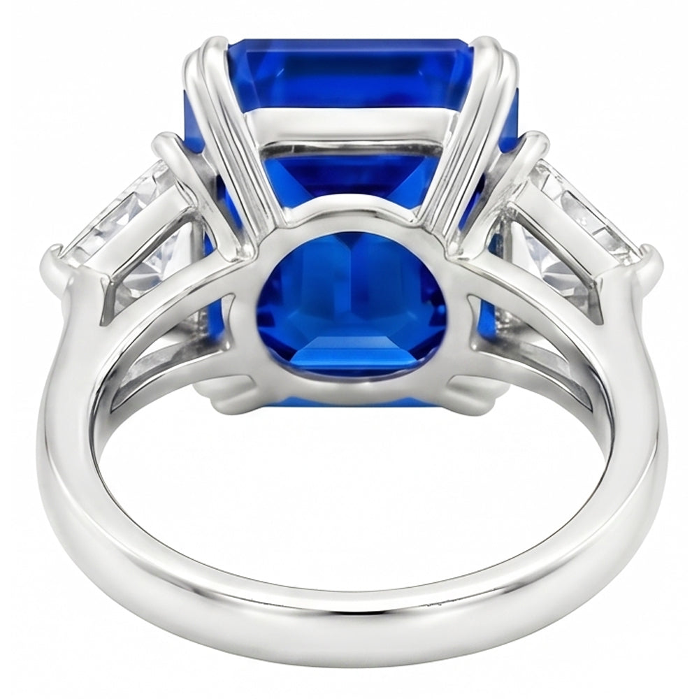 4.50 Carats Radiant 3 Stone Ring Blue Sapphire & Trillion Natural Earth Mined Diamonds