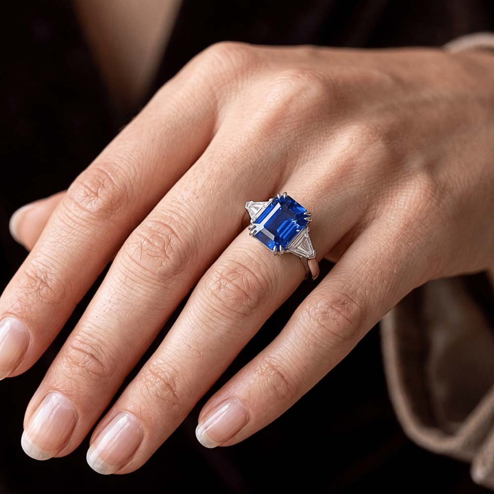4.50 Carats Radiant 3 Stone Ring Blue Sapphire & Trillion Natural Earth Mined Diamonds