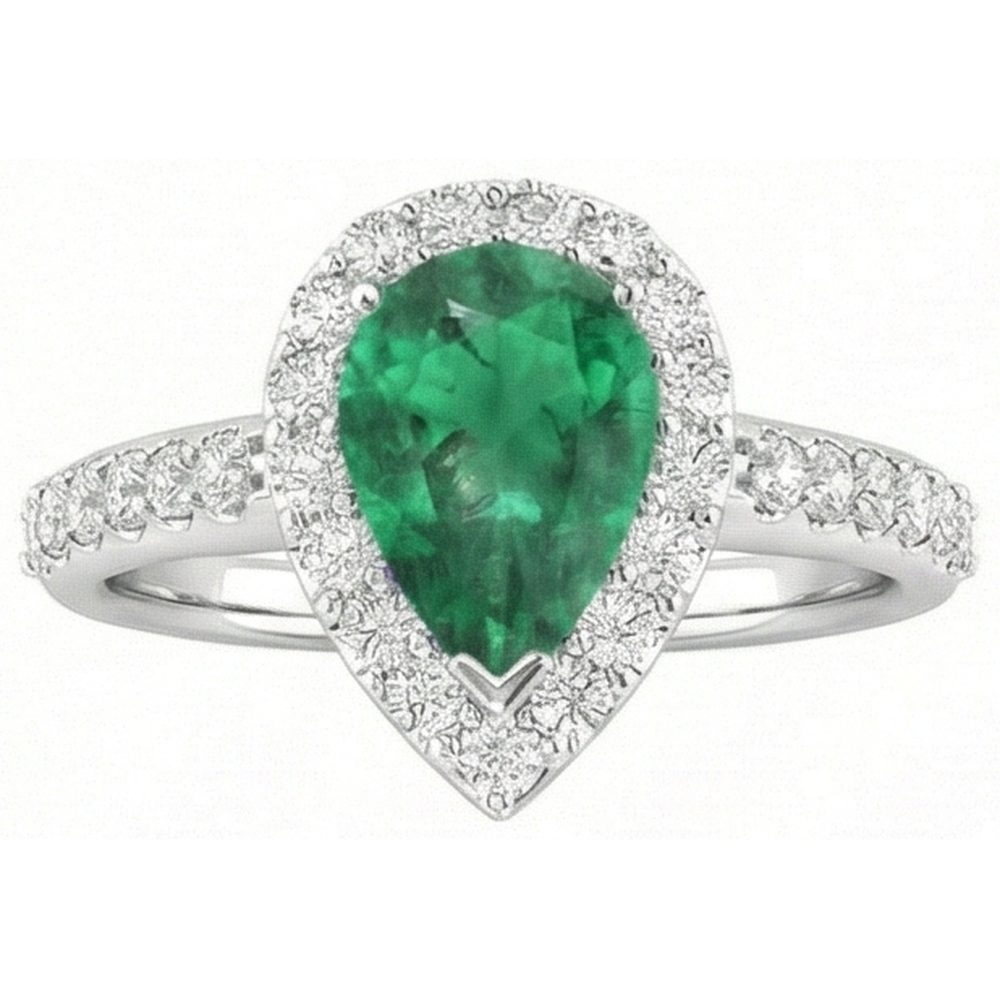 4 Carats Pear Green Emerald GIA & Round Natural Earth Mined Diamond Gemstone Ring White Gold 14K