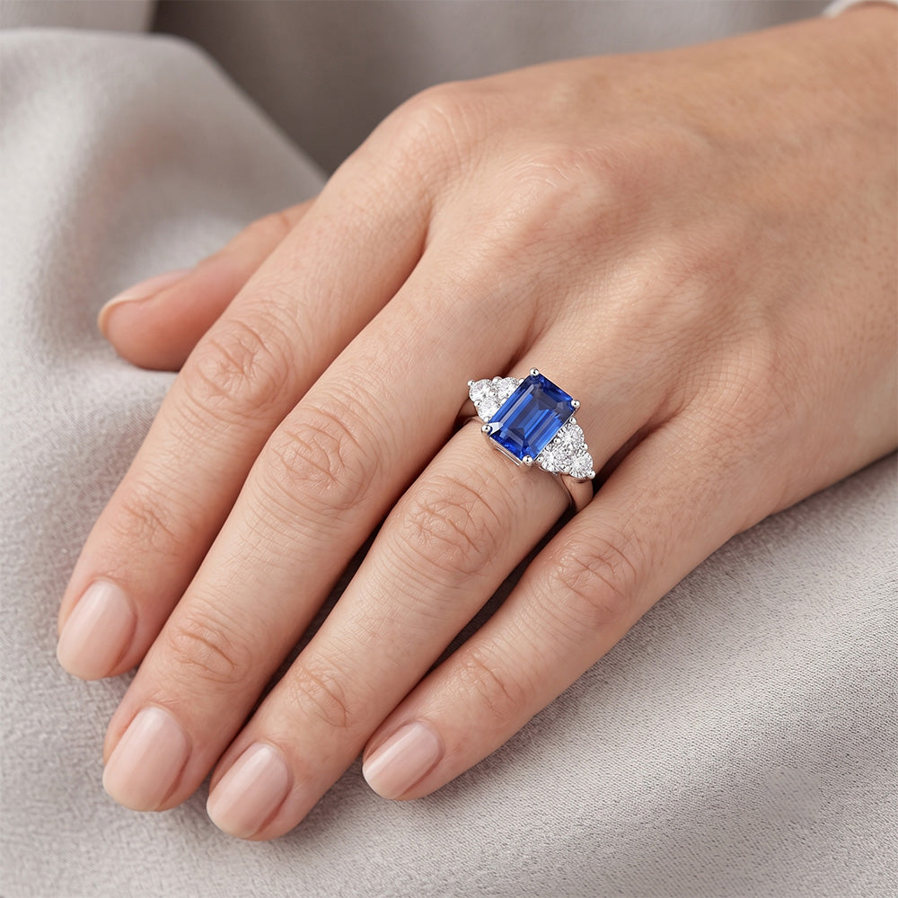 4 Ct Emerald Cut Ceylon Blue Sapphire And Round Natural Earth Mined Diamond Wedding Ring