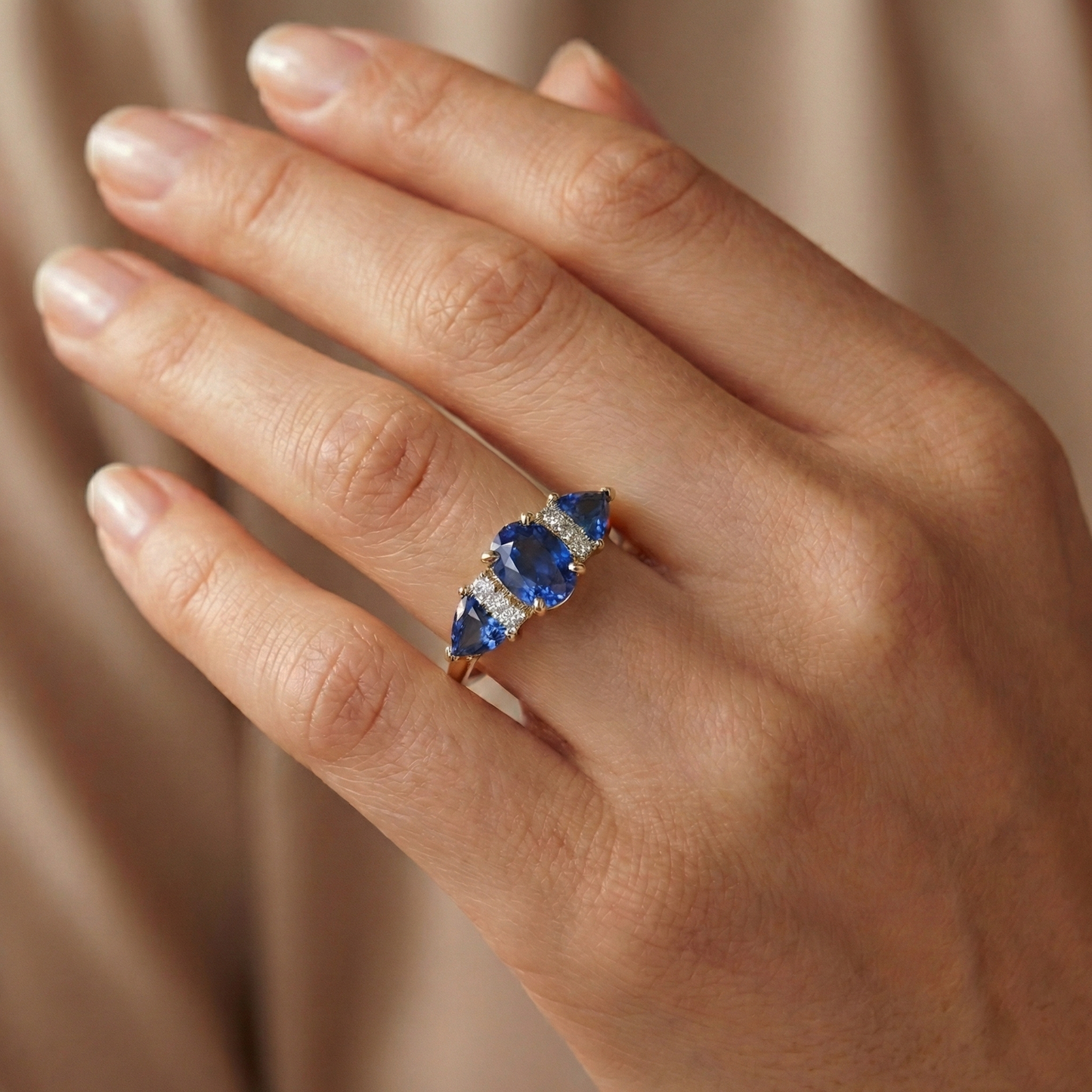 4.25 Ct. Oval Trillion Ceylon Sapphire And Natural Earth Mined Diamonds Ring 3 Stone