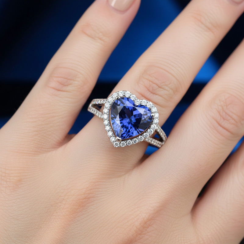 4.45 Ct Blue Heart Cut Sapphire And Natural Earth Mined Diamond Fancy Ring White Gold 14K