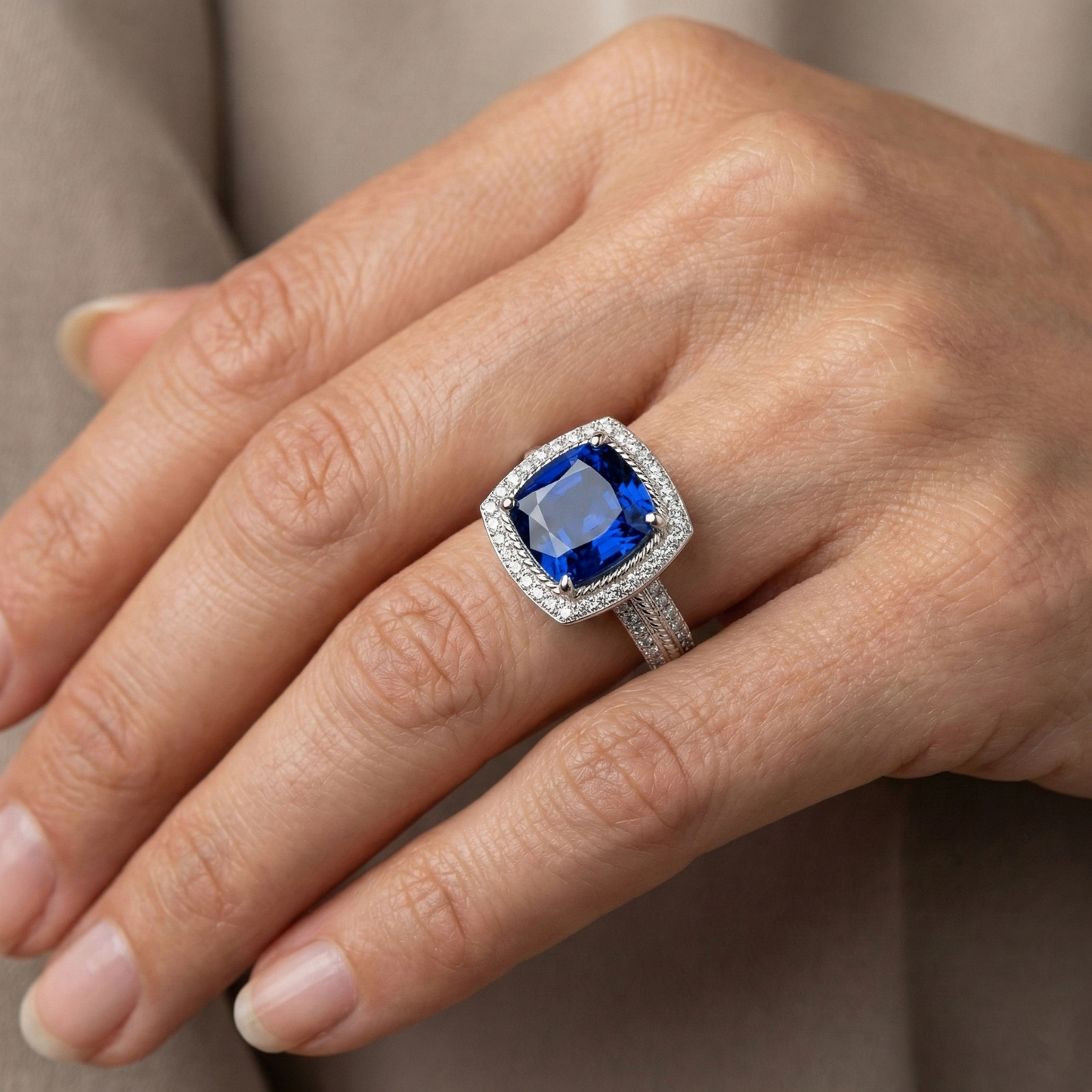 4.75 Carats Cushion And Round Sapphire And Natural Earth Mined Diamond Anniversary Ring