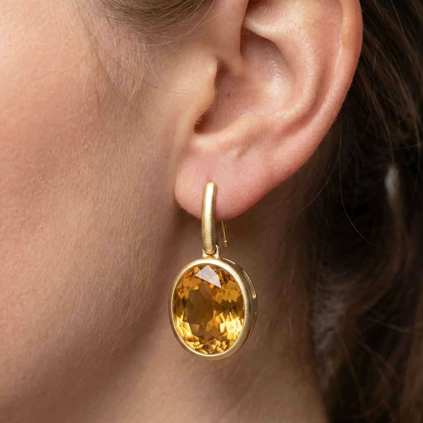 40 Ct Oval Maderia Citrine Lady Dangle Earrings Bezel Set Yellow Gold