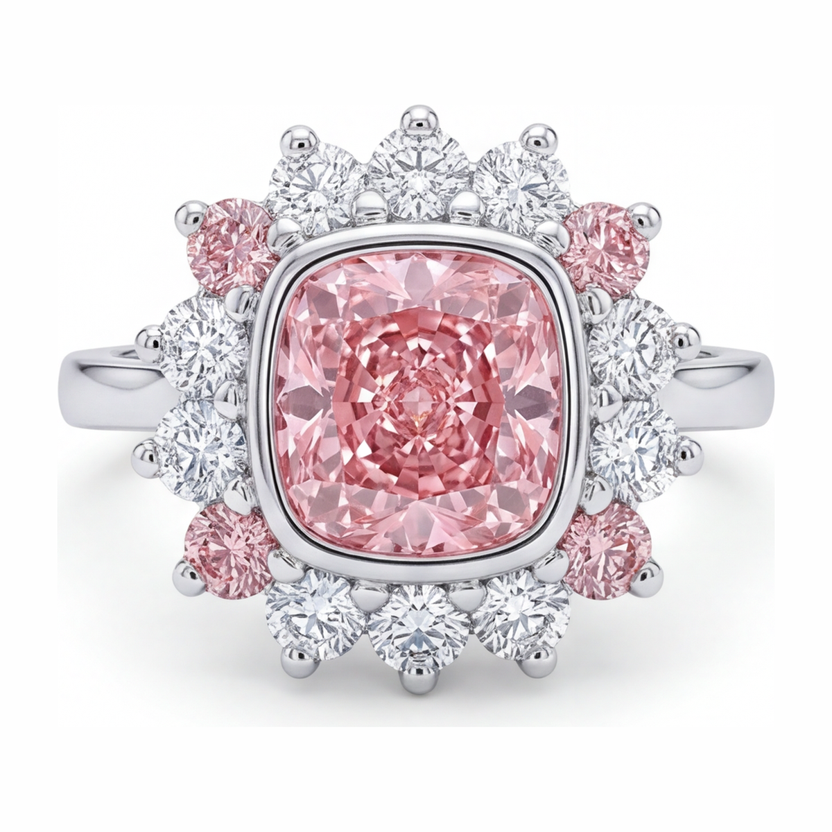 5.5 Carat Cushion Pink Lab Grown Diamond and White Diamond Halo Ring 14K White Gold