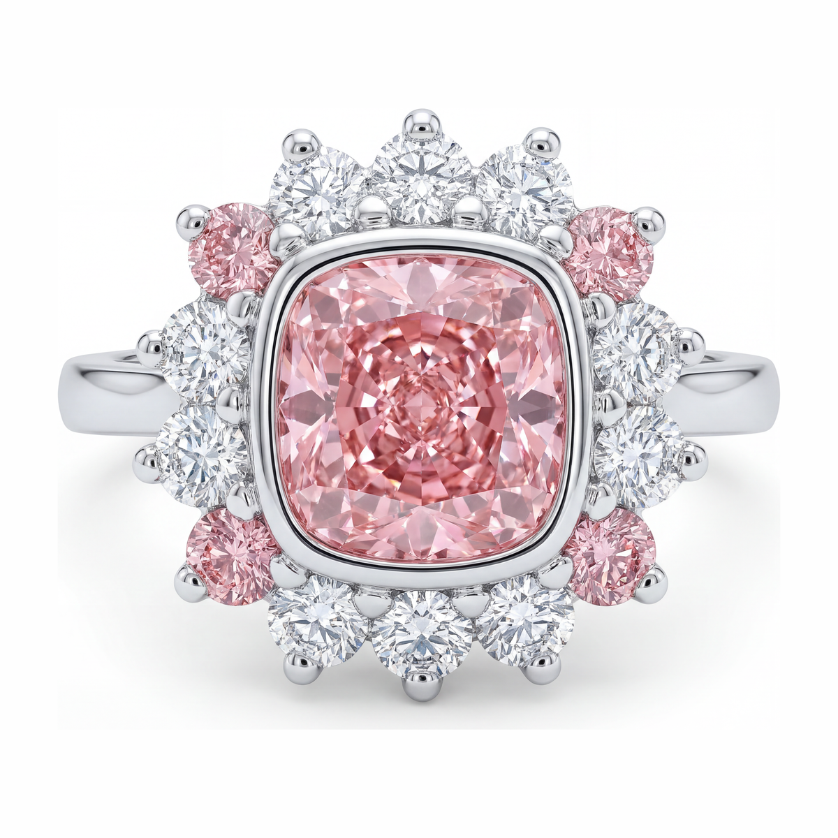 5.5 Carat Cushion Pink Lab Grown Diamond and White Diamond Halo Ring 14K White Gold