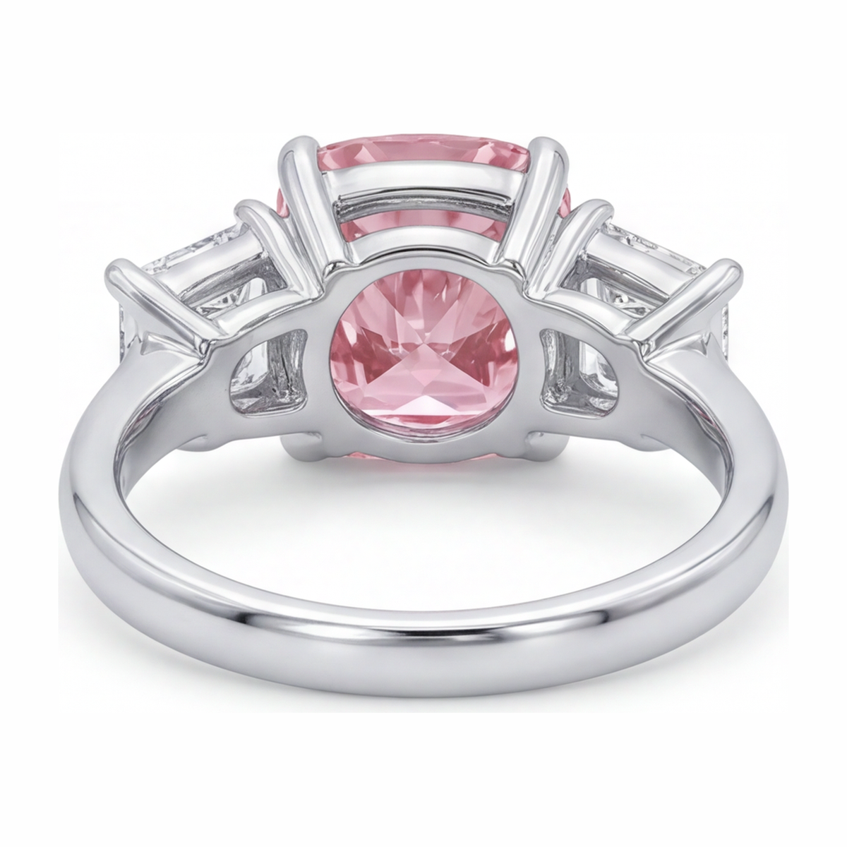 5.5 Carat Cushion Pink Lab Grown Diamond and White Diamond Three Stone Ring 14K White Gold