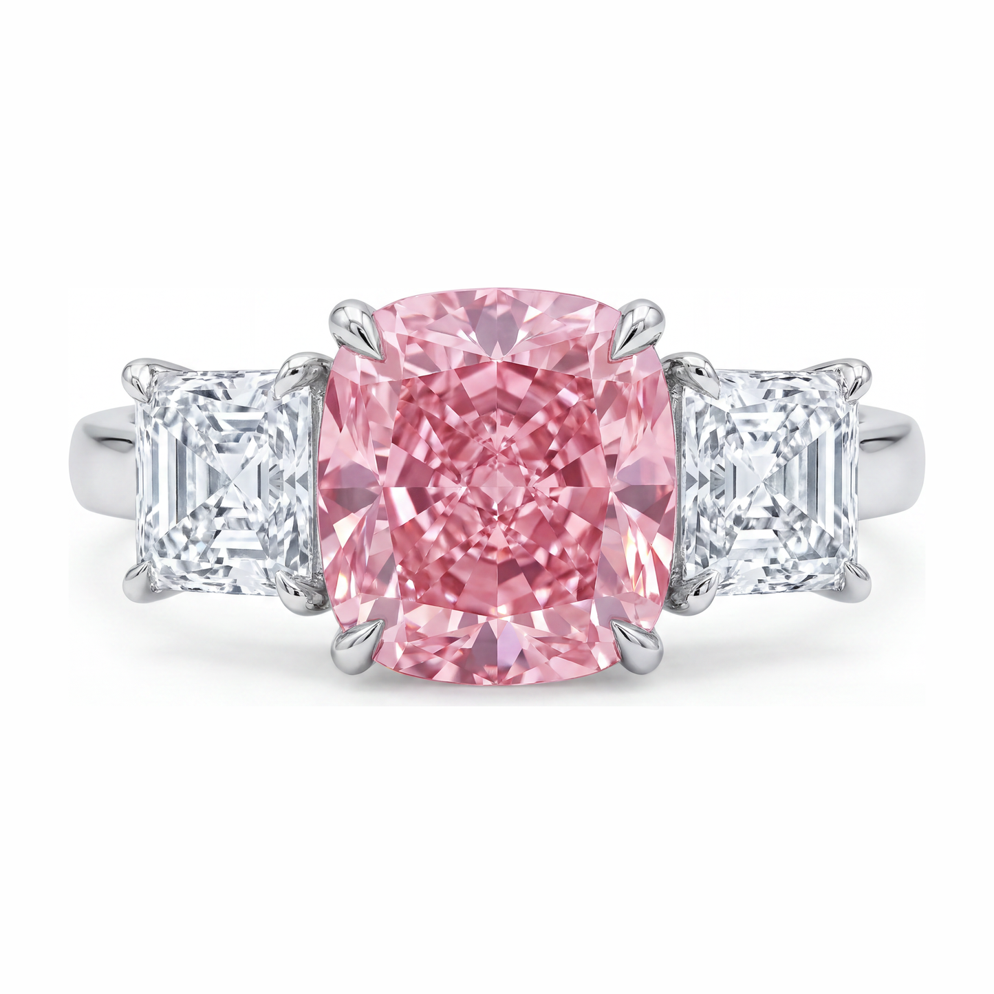 5.5 Carat Cushion Pink Lab Grown Diamond and White Diamond Three Stone Ring 14K White Gold