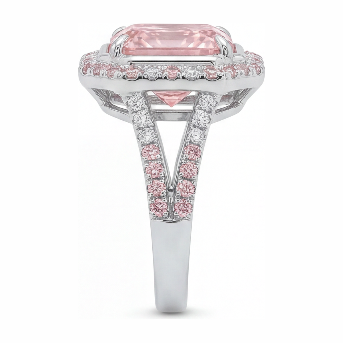 5.5 Carat Radiant Pink Lab Grown Diamond and White Diamond Halo Ring 14K White Gold