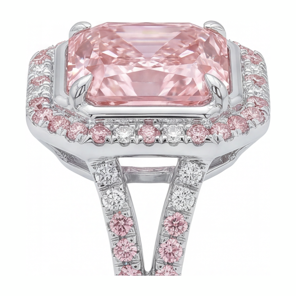 5.5 Carat Radiant Pink Lab Grown Diamond and White Diamond Halo Ring 14K White Gold