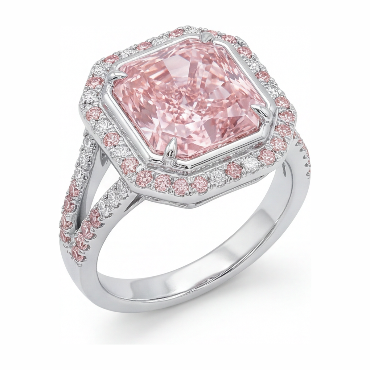 5.5 Carat Radiant Pink Lab Grown Diamond and White Diamond Halo Ring 14K White Gold