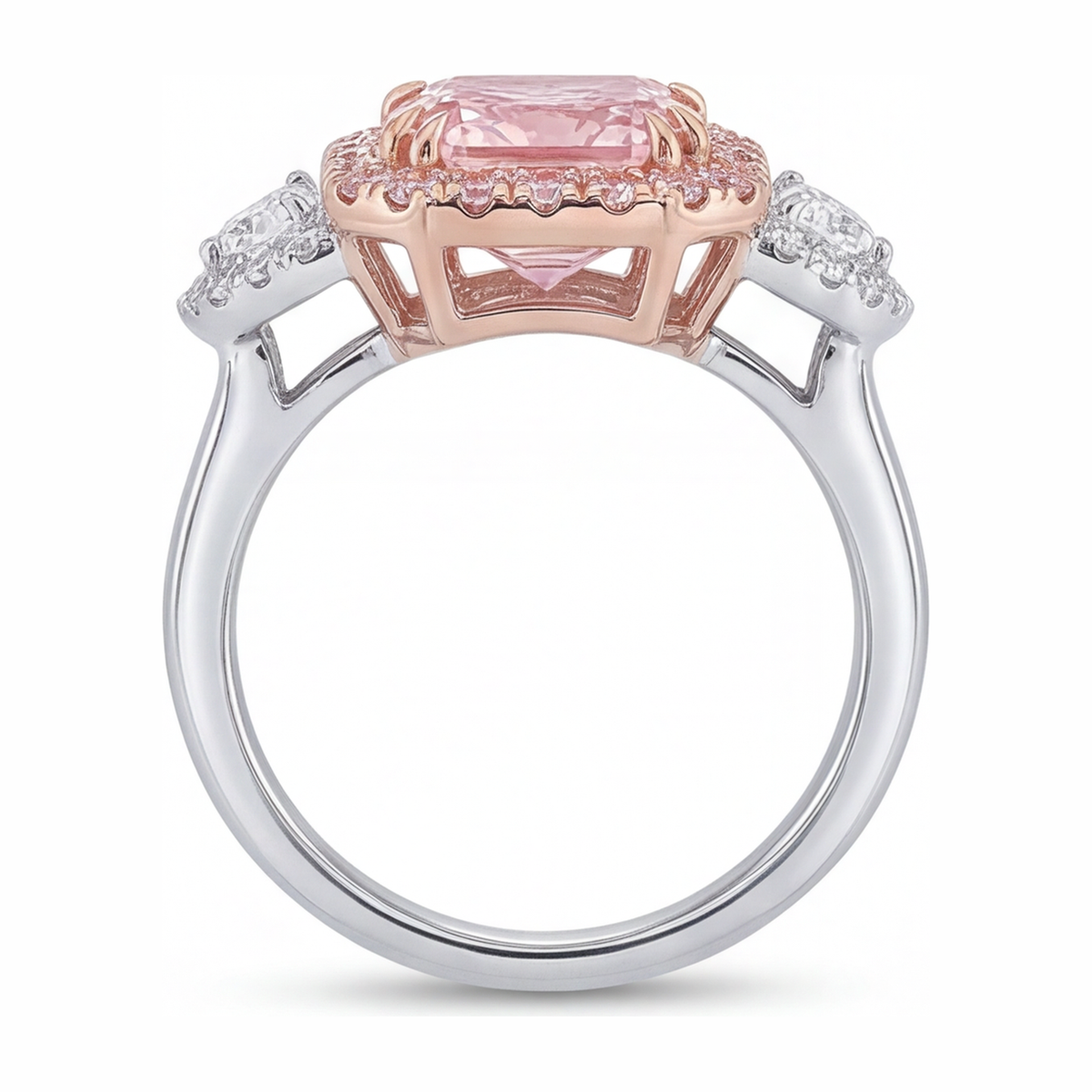 5.5 Carat Radiant Pink Lab Grown Diamond and White Diamond Halo Ring 14K White Gold