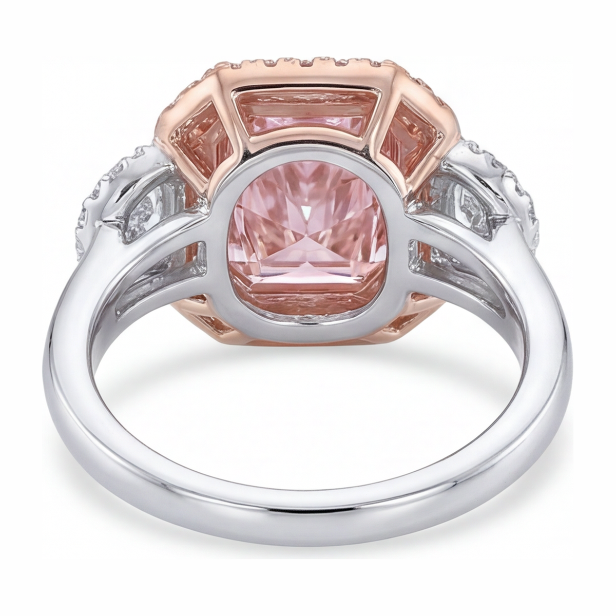 5.5 Carat Radiant Pink Lab Grown Diamond and White Diamond Halo Ring 14K White Gold