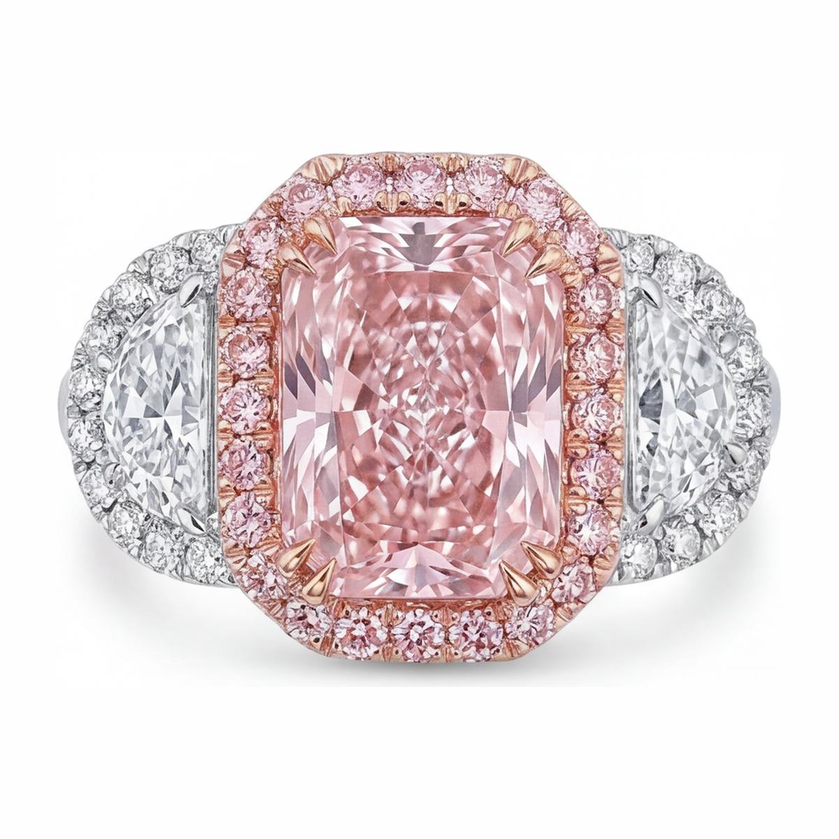 5.5 Carat Radiant Pink Lab Grown Diamond and White Diamond Halo Ring 14K White Gold
