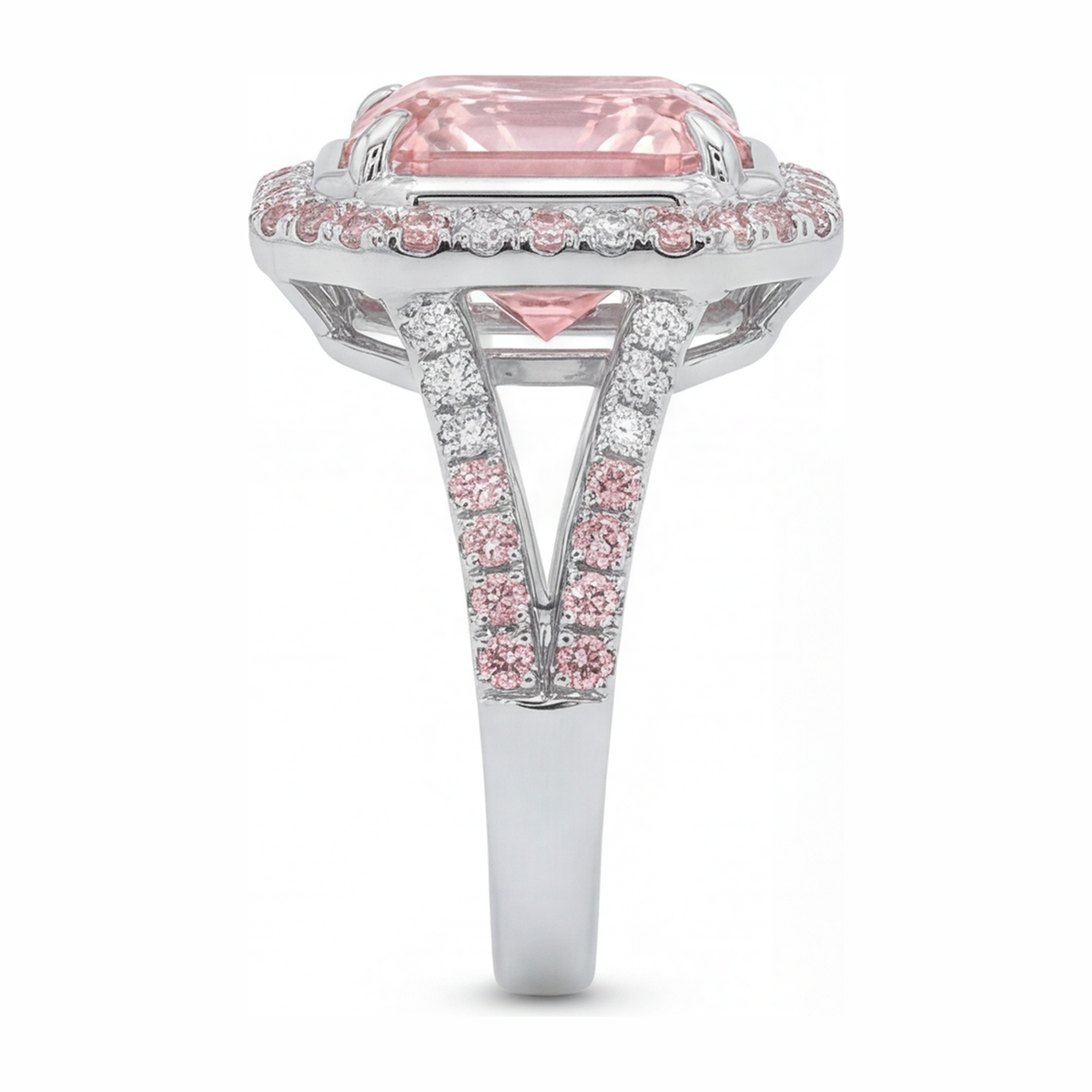 5.5 Carat Radiant Pink Lab Grown Diamond and White Diamond Halo Ring 14K White Gold