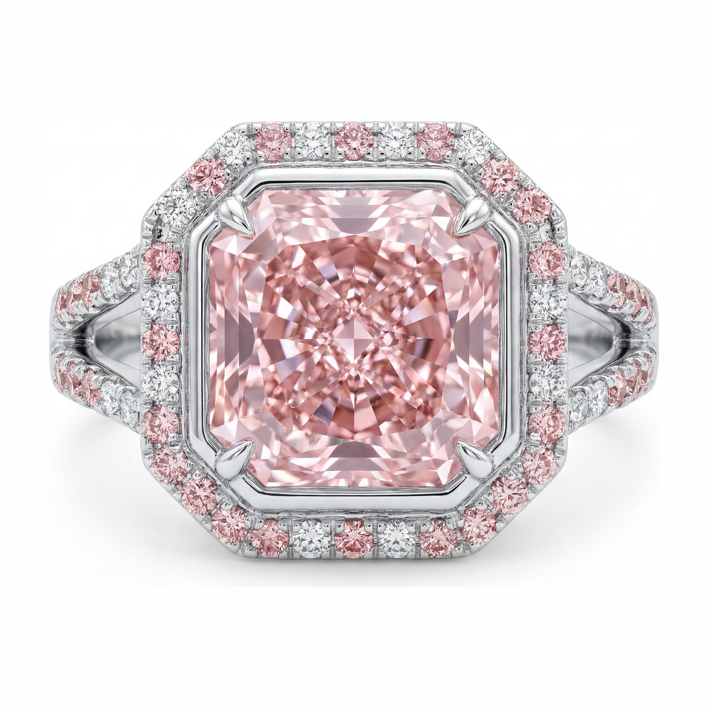 5.5 Carat Radiant Pink Lab Grown Diamond and White Diamond Halo Ring 14K White Gold