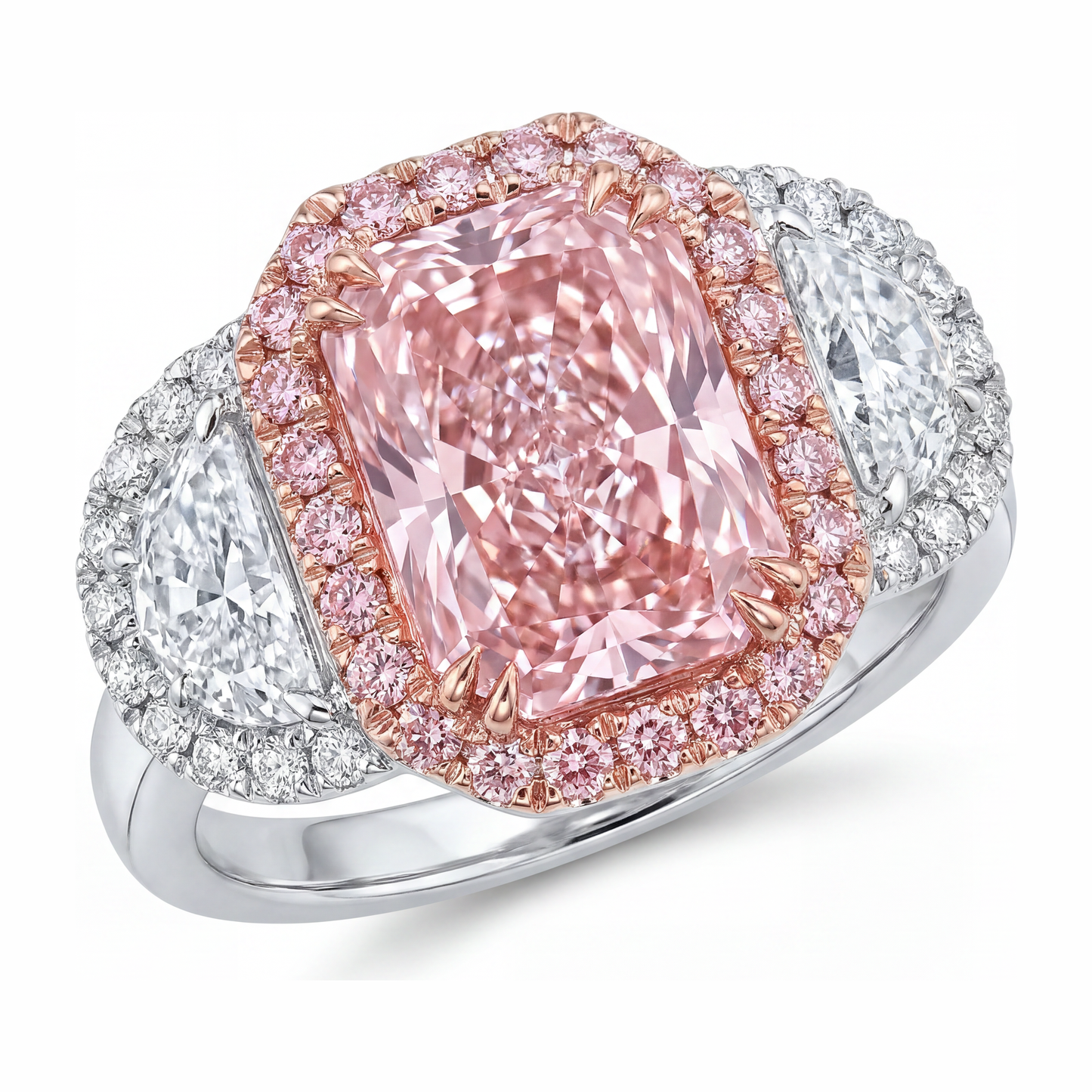 5.5 Carat Radiant Pink Lab Grown Diamond and White Diamond Halo Ring 14K White Gold