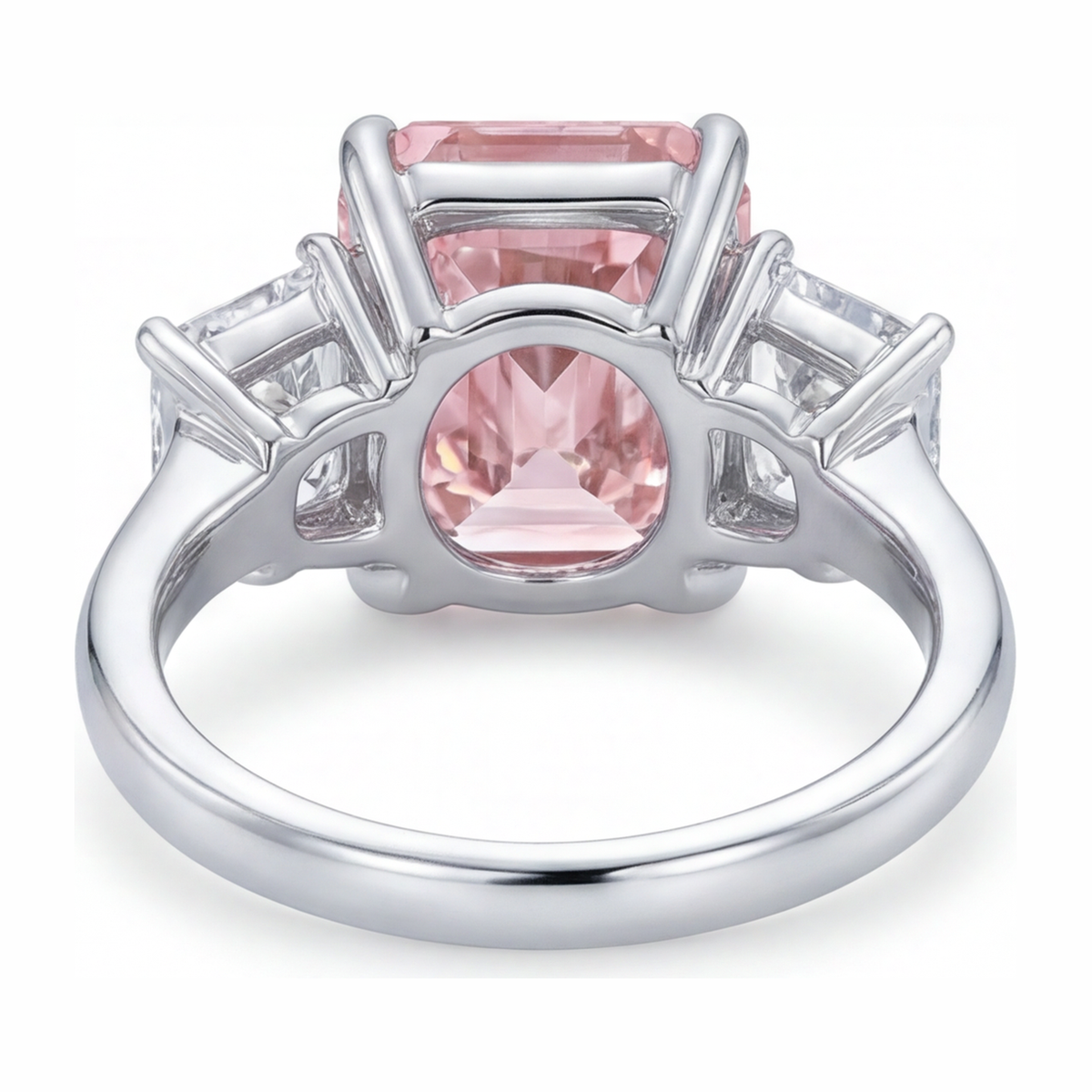 5.5 Carat Radiant Pink Lab Grown Diamond and White Diamond Three Stone Ring 14K White Gold