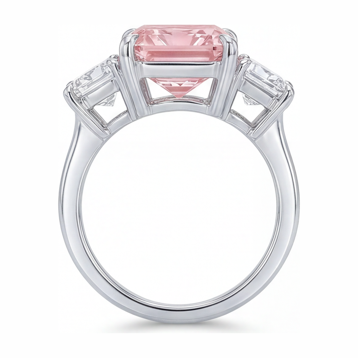 5.5 Carat Radiant Pink Lab Grown Diamond and White Diamond Three Stone Ring 14K White Gold