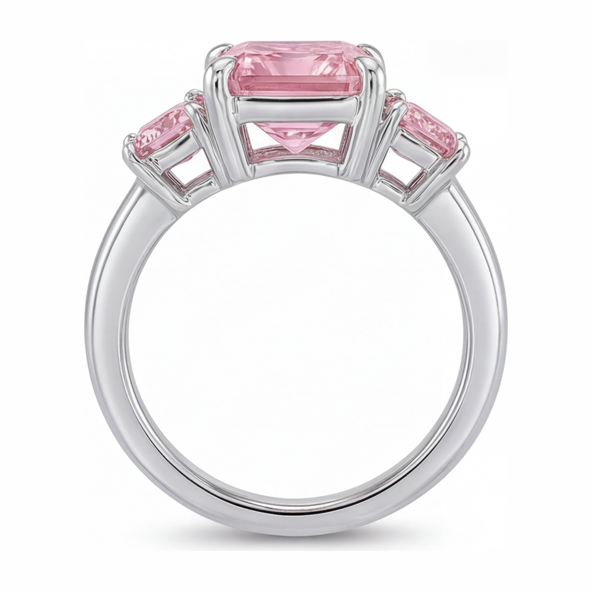5.5 Carat Radiant Pink Lab Grown Diamond and White Diamond Three Stone Ring 14K White Gold
