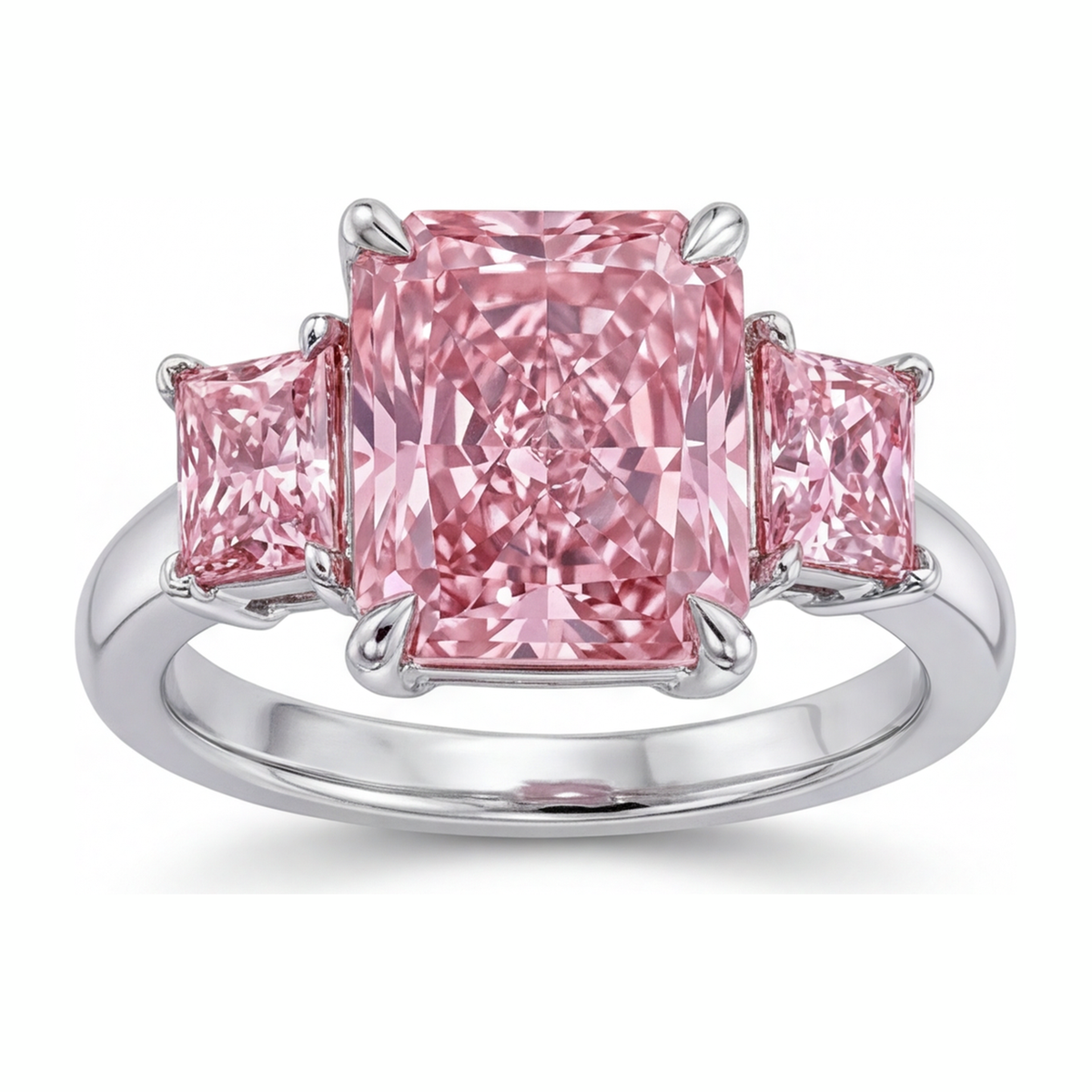 5.5 Carat Radiant Pink Lab Grown Diamond and White Diamond Three Stone Ring 14K White Gold