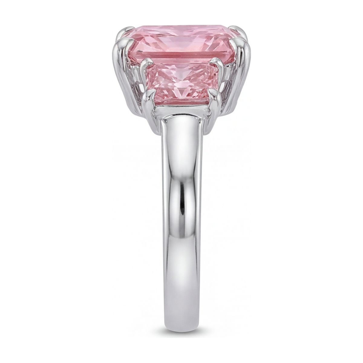 5.5 Carat Radiant Pink Lab Grown Diamond and White Diamond Three Stone Ring 14K White Gold
