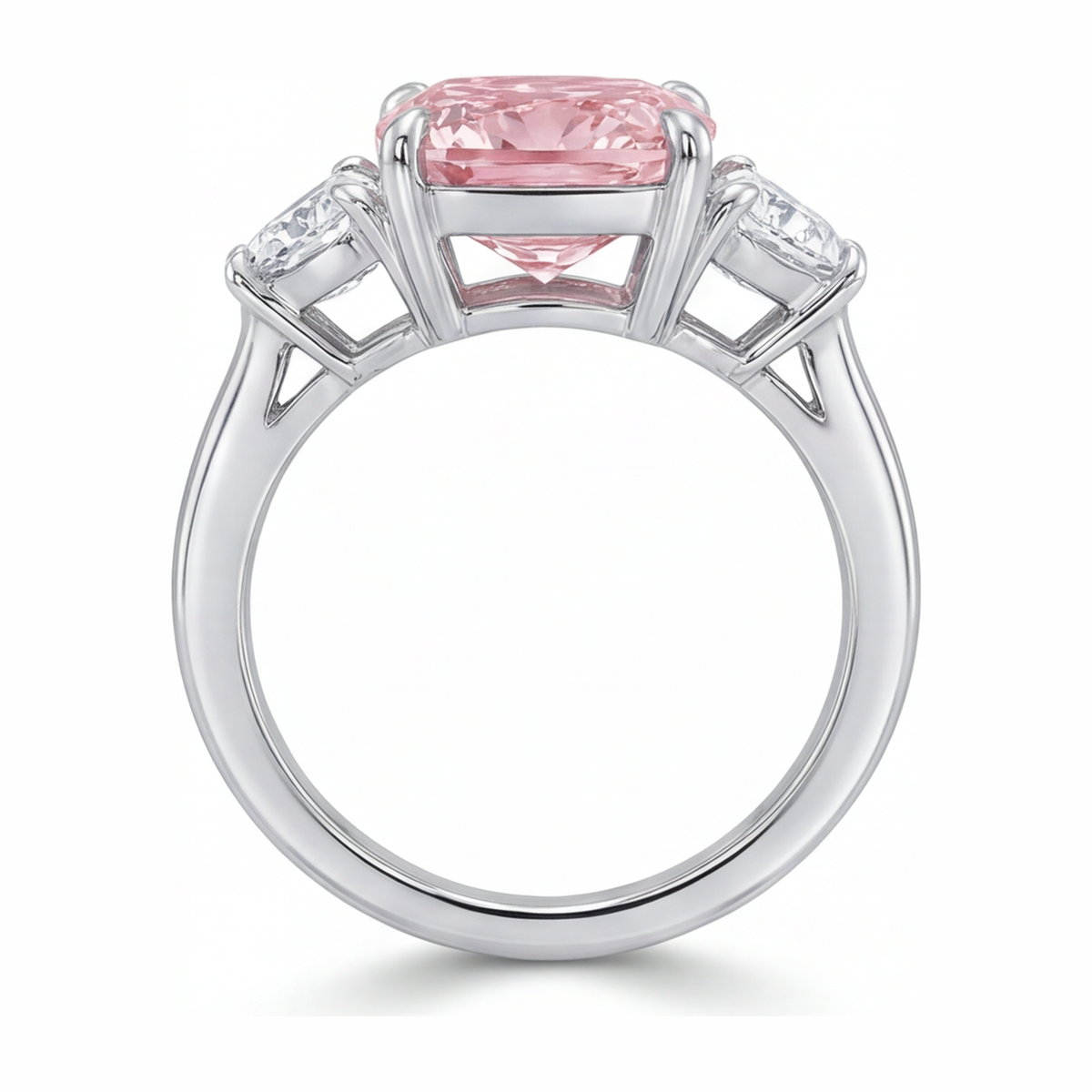 5 Carat Cushion Pink Lab Grown Diamond and White Diamond Three Stone Ring 14K White Gold