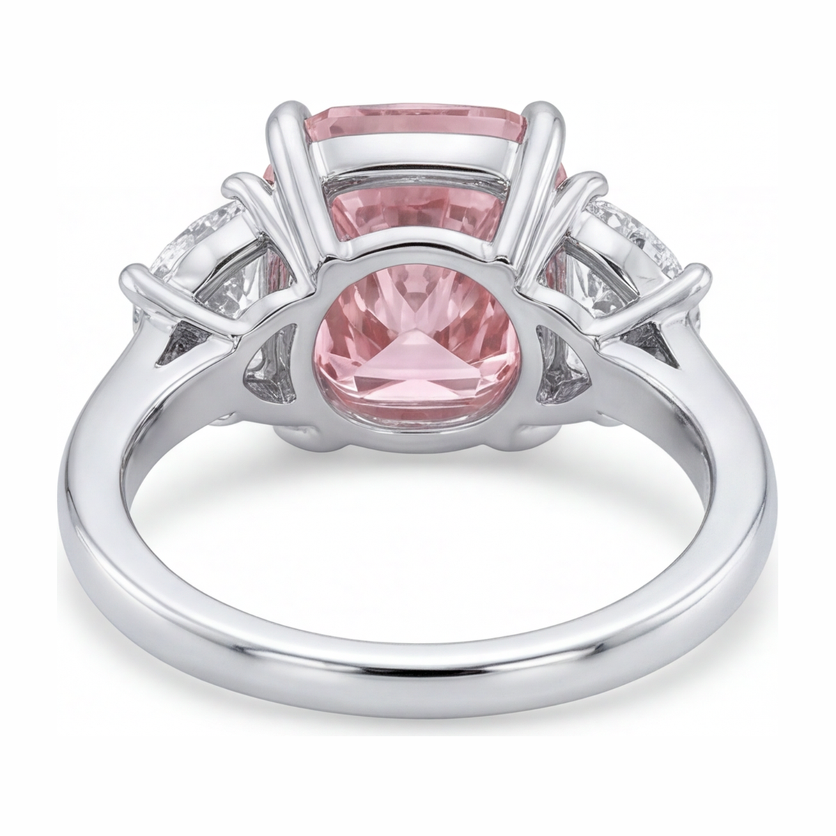 5 Carat Cushion Pink Lab Grown Diamond and White Diamond Three Stone Ring 14K White Gold