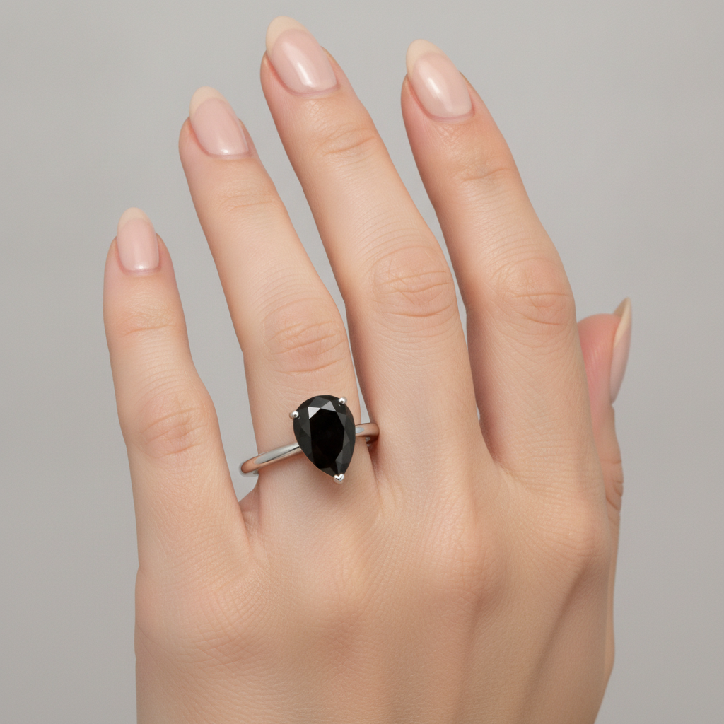 1.5 Carat Pear Black Diamond Solitaire Ring Natural 14K White Gold