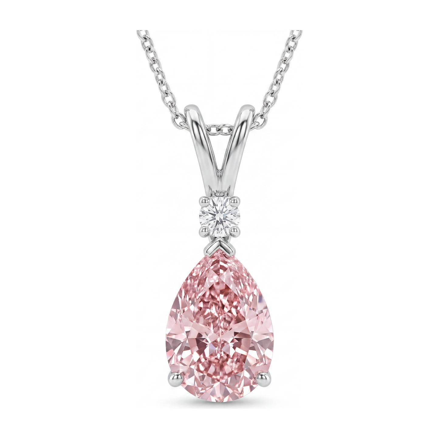 5 Carat Pear Pink Lab Grown Diamond and White Diamond Solitaire Pendant 14K White Gold