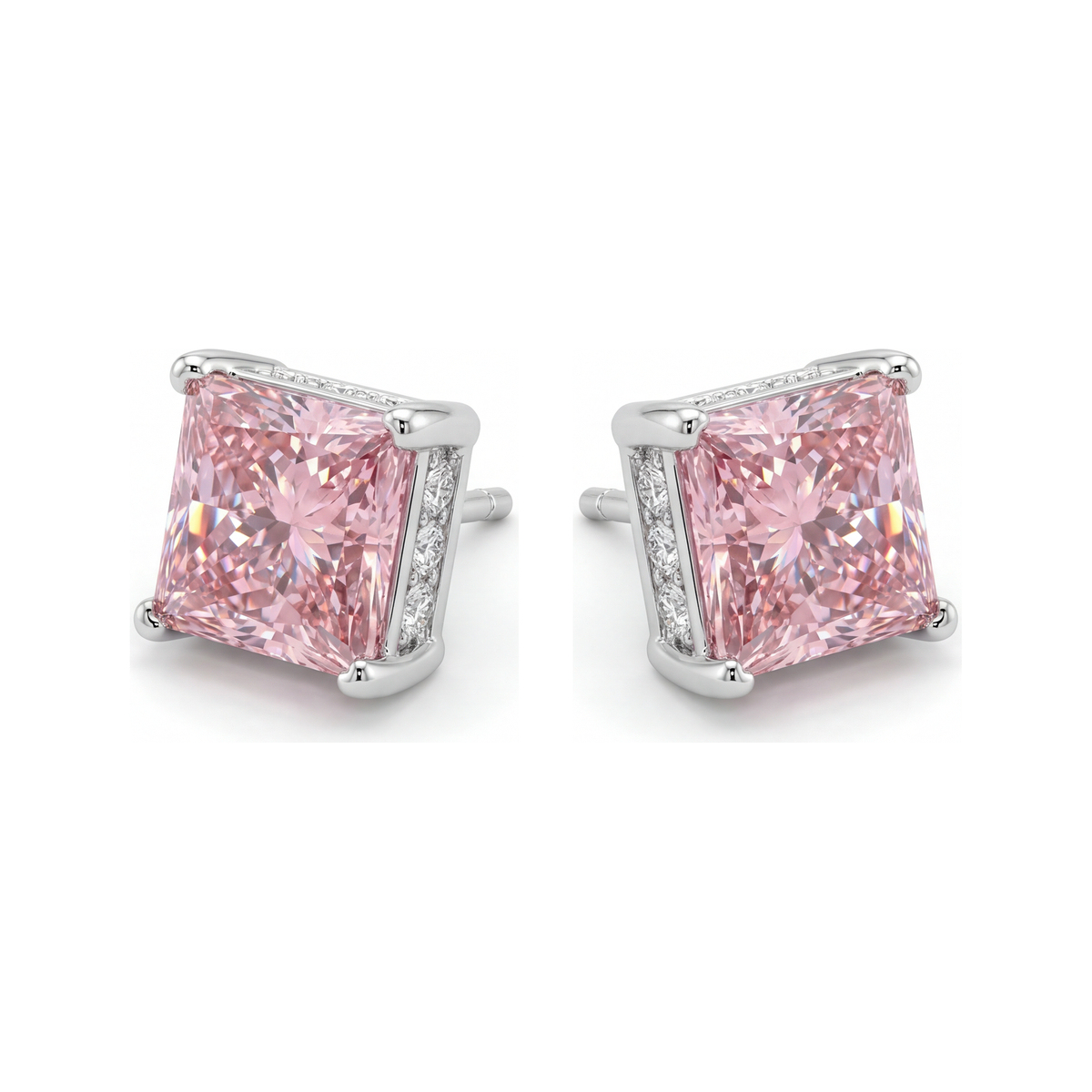 5 Carat Princess Pink Lab Grown Diamond and White Diamond Solitaire Earrings 14K White Gold