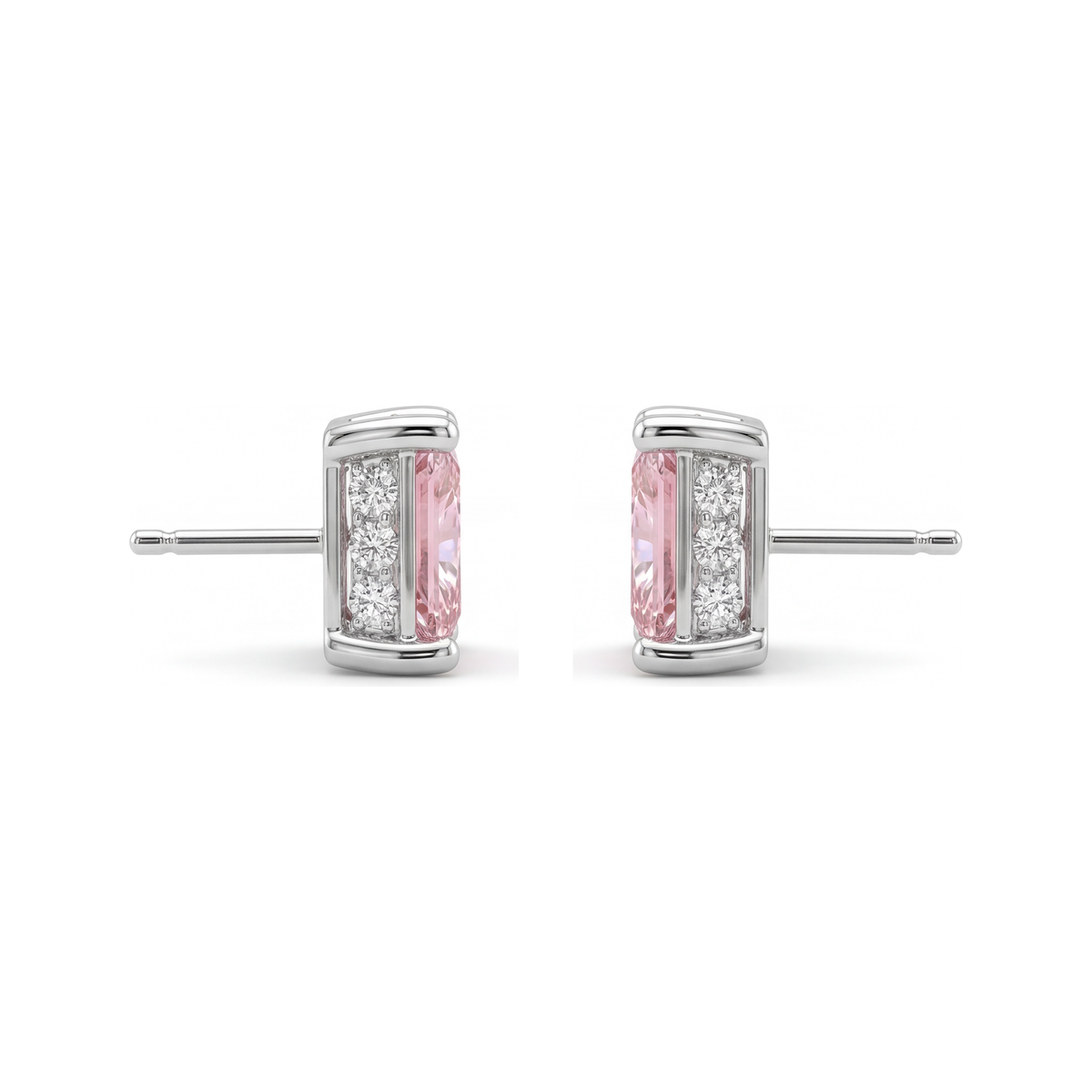 5 Carat Princess Pink Lab Grown Diamond and White Diamond Solitaire Earrings 14K White Gold