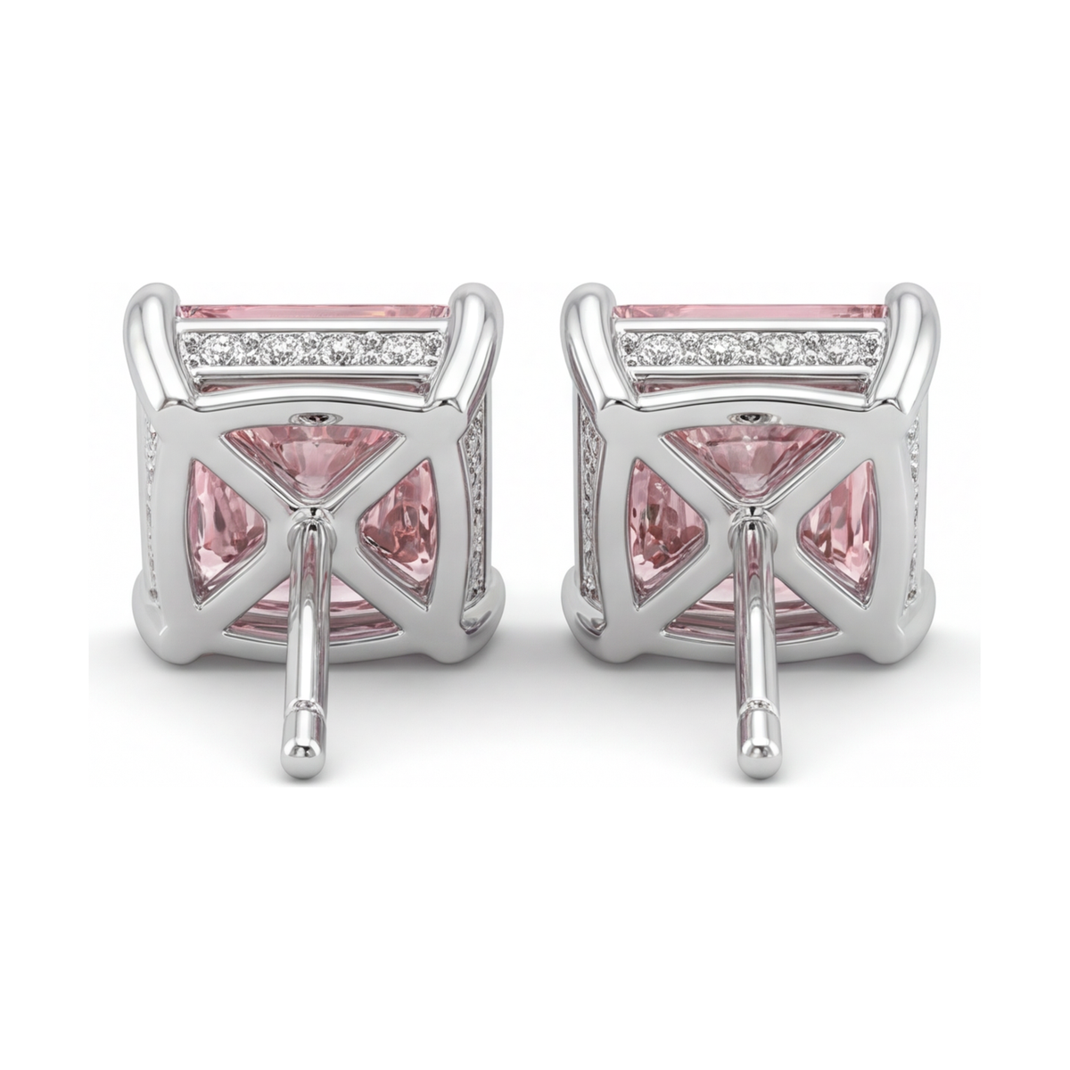 5 Carat Princess Pink Lab Grown Diamond and White Diamond Solitaire Earrings 14K White Gold