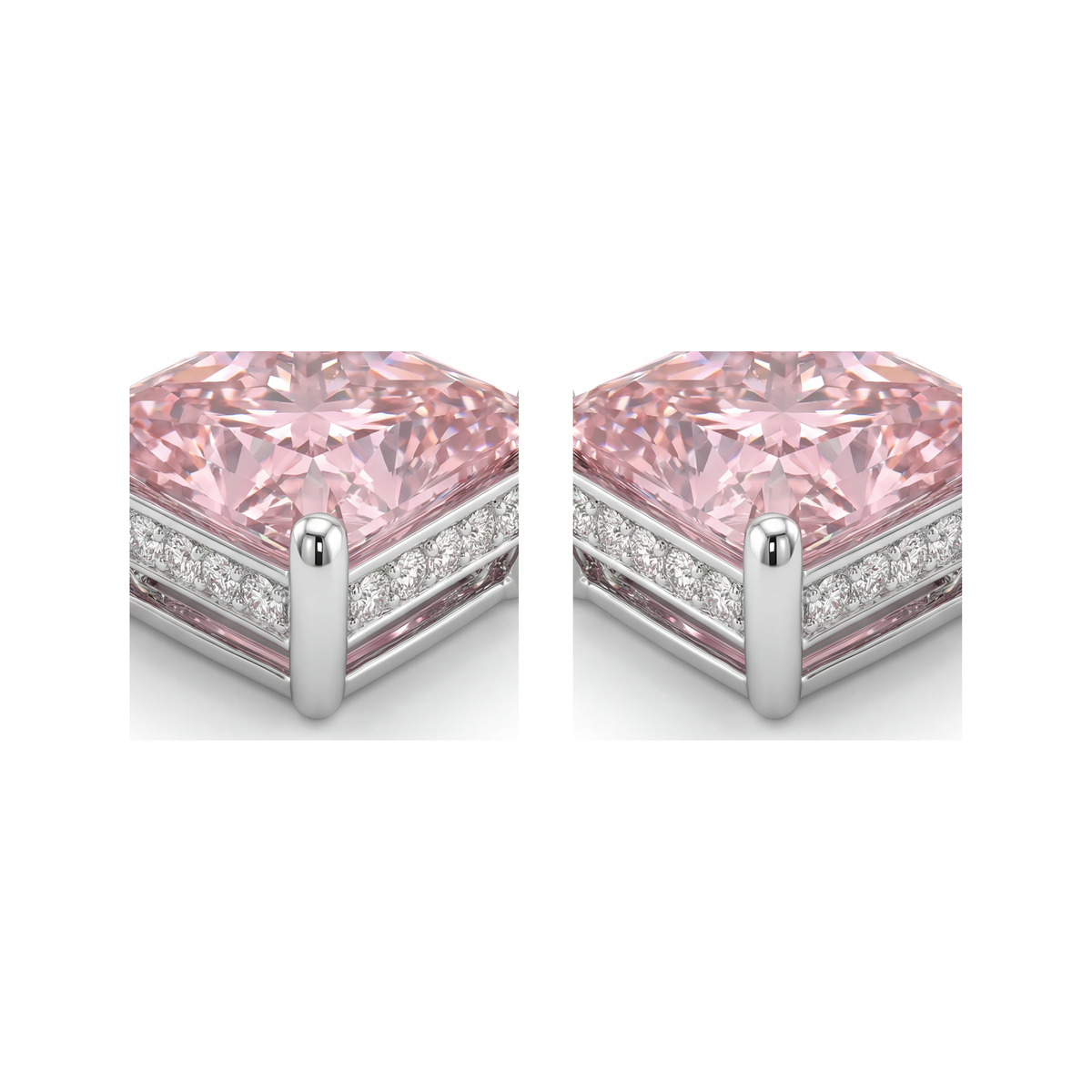 5 Carat Princess Pink Lab Grown Diamond and White Diamond Solitaire Earrings 14K White Gold