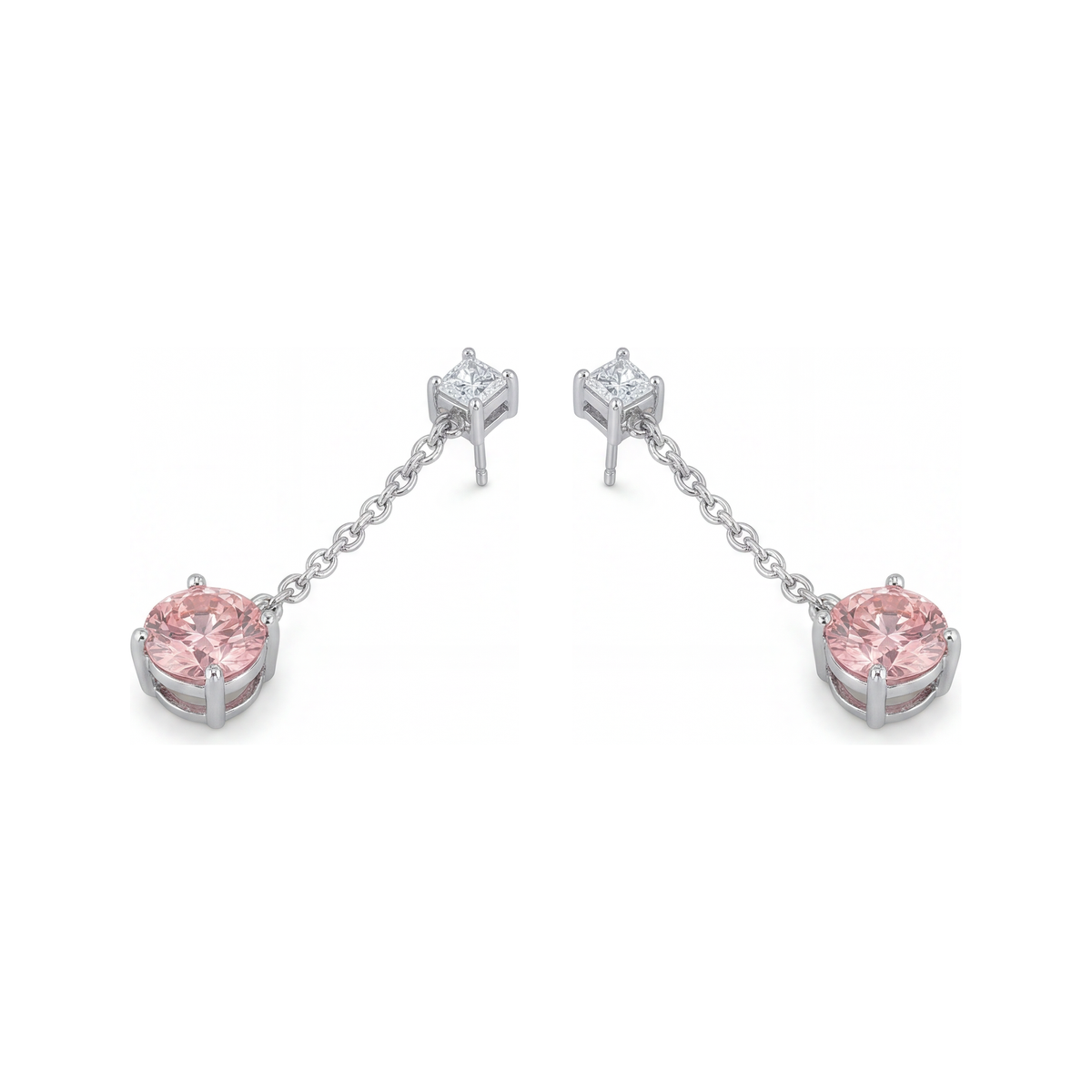 5 Carat Round Pink Lab Grown Diamond and White Diamond Solitaire Earrings 14K White Gold