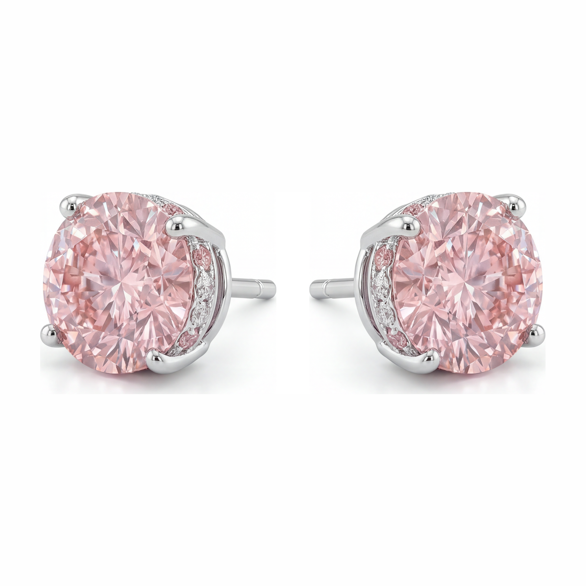 5 Carat Round Pink Lab Grown Diamond and White Diamond Solitaire Earrings 14K White Gold