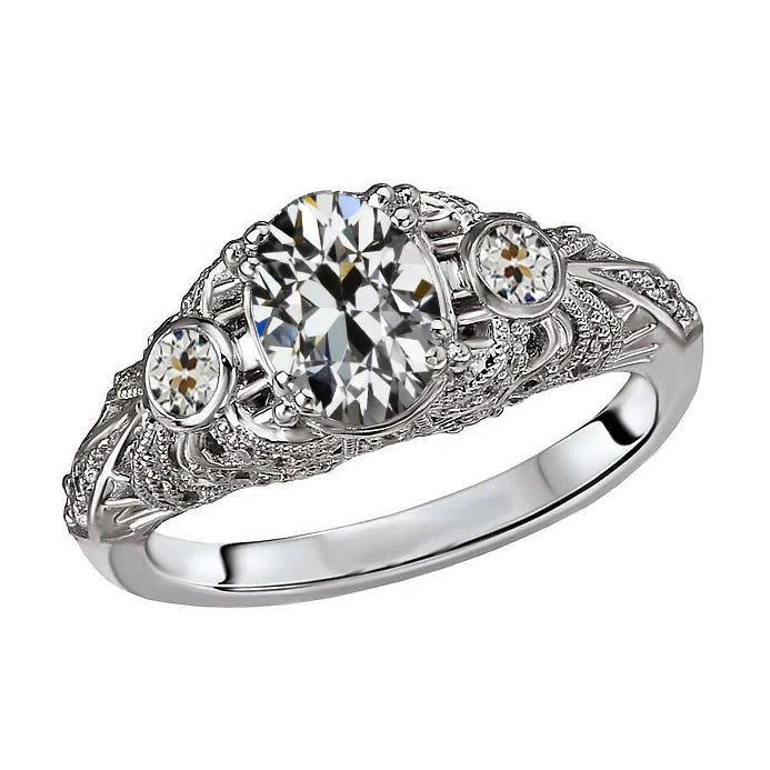 5 Carat Oval Old Cut Filigree Antique Style Diamond Engagement Ring