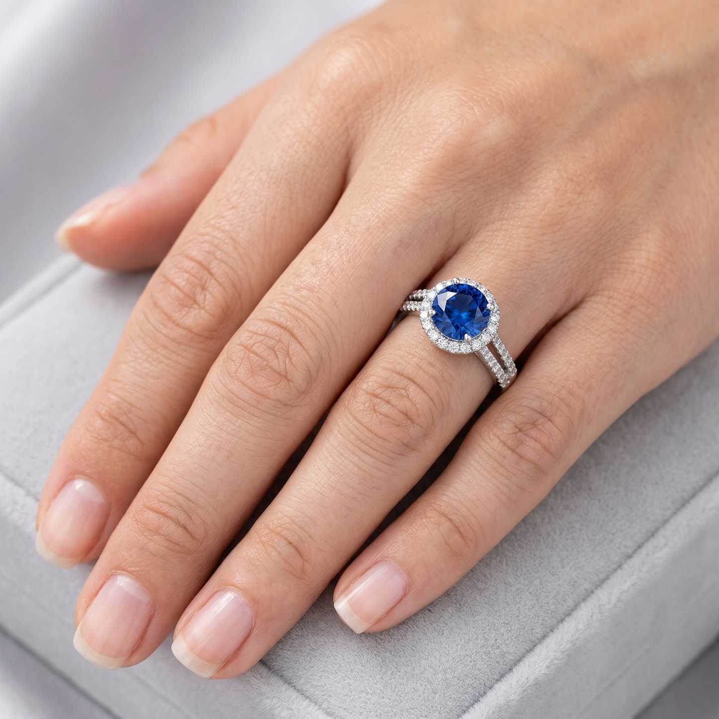 5 Ct Round Ceylon Sapphire With Natural Earth Mined Diamonds Ring White Gold 14K