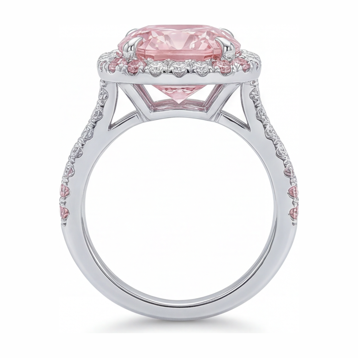 6 Carat Cushion Pink Lab Grown Diamond and White Diamond Double Halo Ring 14K White Gold