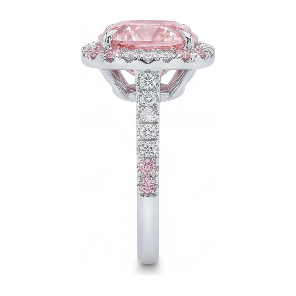 6 Carat Cushion Pink Lab Grown Diamond and White Diamond Double Halo Ring 14K White Gold