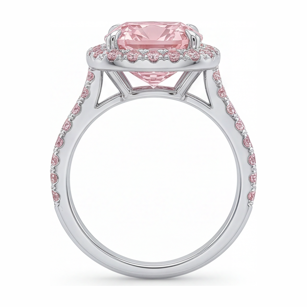 6 Carat Cushion Pink Lab Grown Diamond and White Diamond Halo Ring 14K White Gold