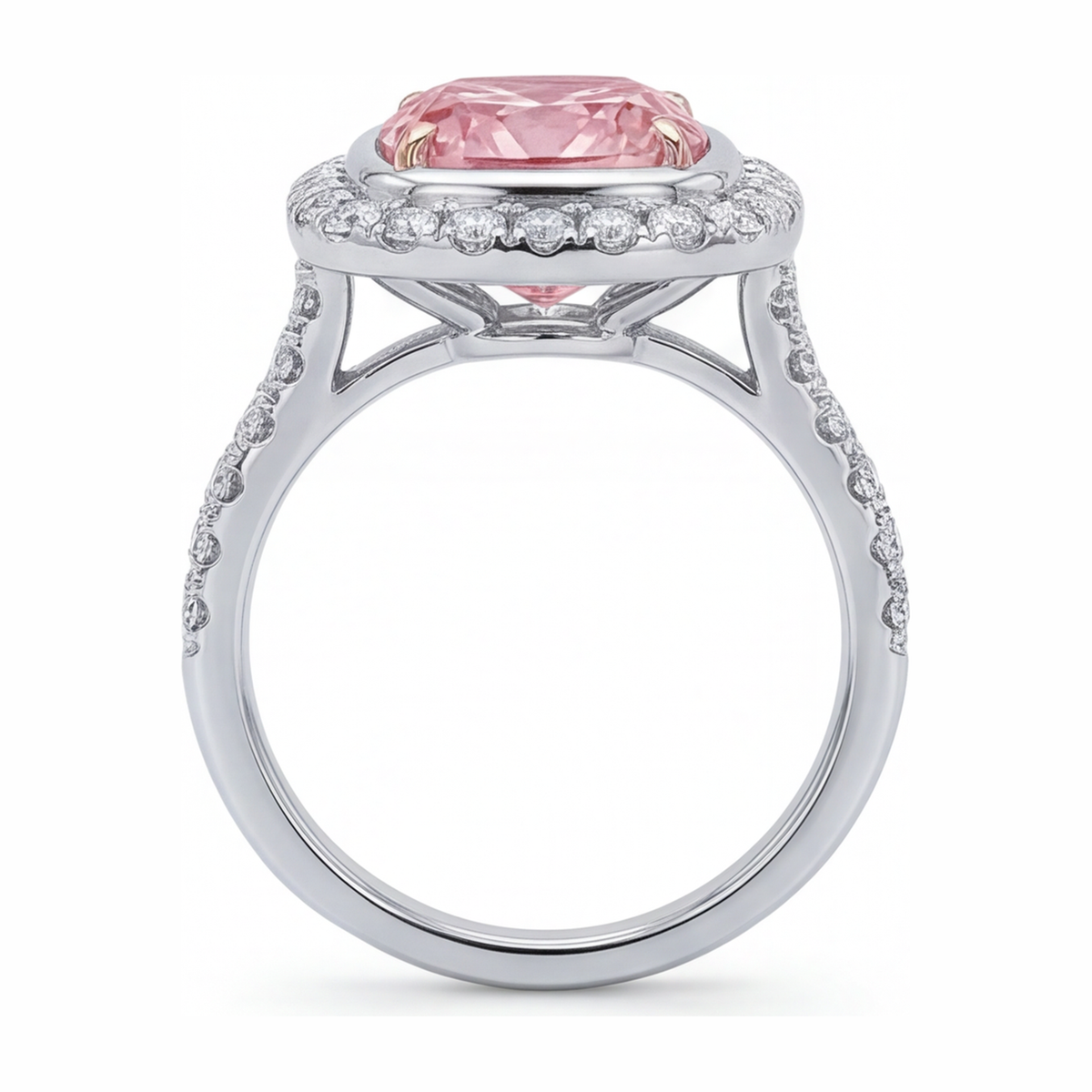 6 Carat Cushion Pink Lab Grown Diamond and White Diamond Halo Ring 14K White Gold