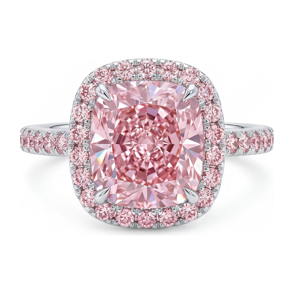 6 Carat Cushion Pink Lab Grown Diamond and White Diamond Halo Ring 14K White Gold